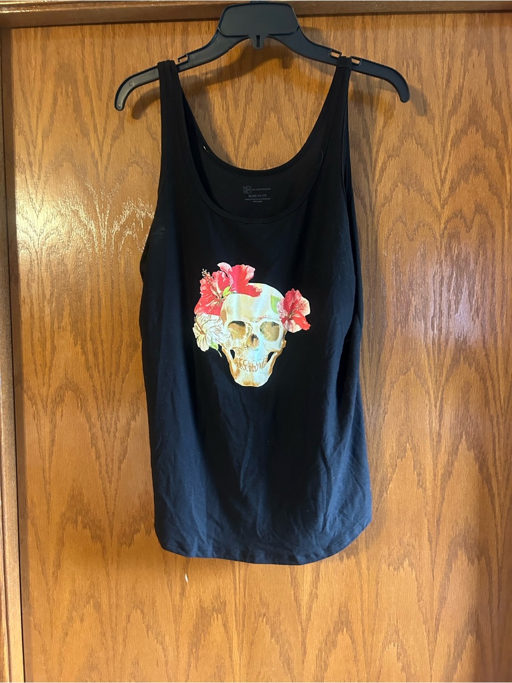 No Boundaries Black Tank Top with Gold Skull & Pink Hibiscus